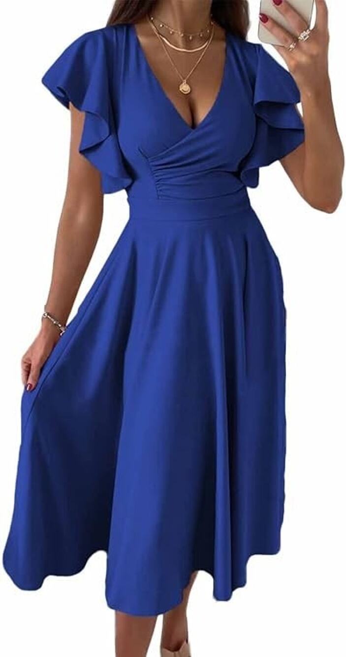 Dokotoo Women’s Royal Blue V-Neck Flutter Sleeve Skater Midi Dress New
